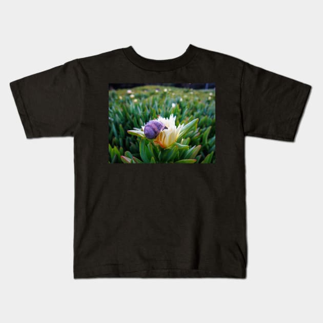 Snail Having Breakfast in Californian Yellow Flower Photo V1 Kids T-Shirt by Family journey with God